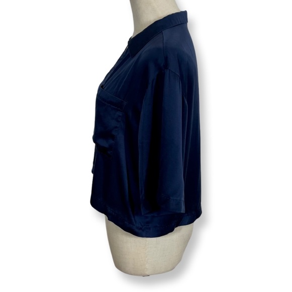 Lunya Washable Silk Cropped Button Down Pajama Lounge Top in Deep Blue - Picture 6 of 14
